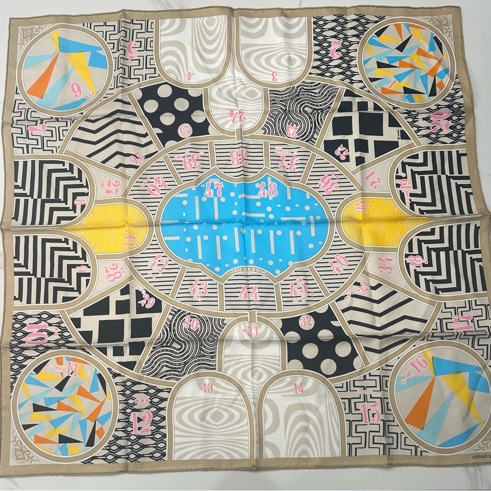 Hermes Multicolor Geometric Silk Scarf with Blue and Yellow Accents